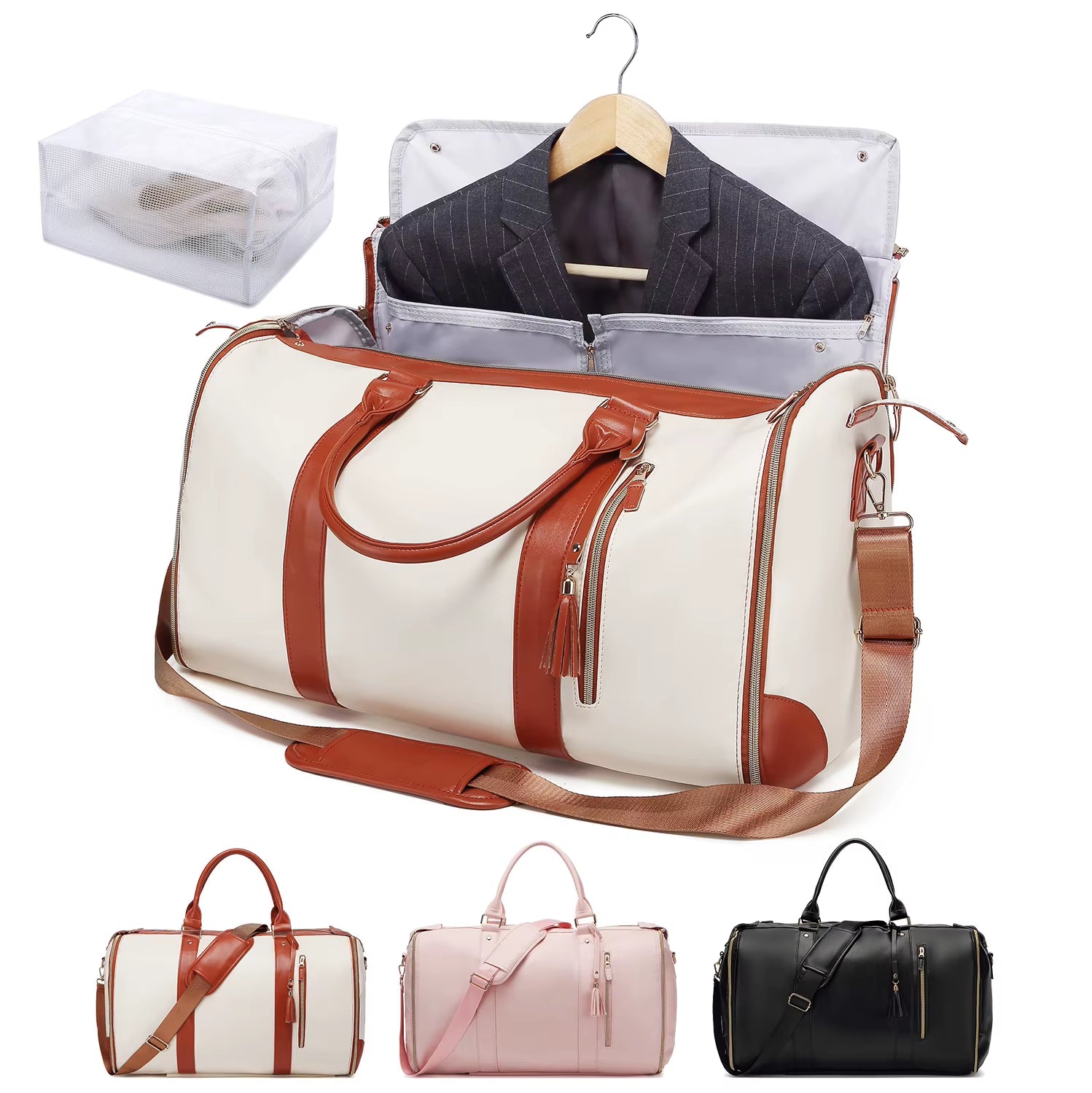55L Large Capacity Waterproof PU Leather Travel Garment Bag with Shoe Pouch, 2-In-1 Carry-On Suit Duffle Bag