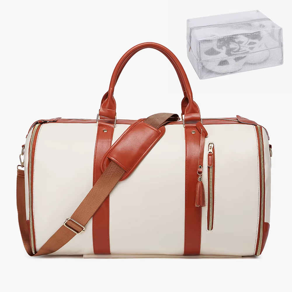55L Large Capacity Waterproof PU Leather Travel Garment Bag with Shoe Pouch, 2-In-1 Carry-On Suit Duffle Bag