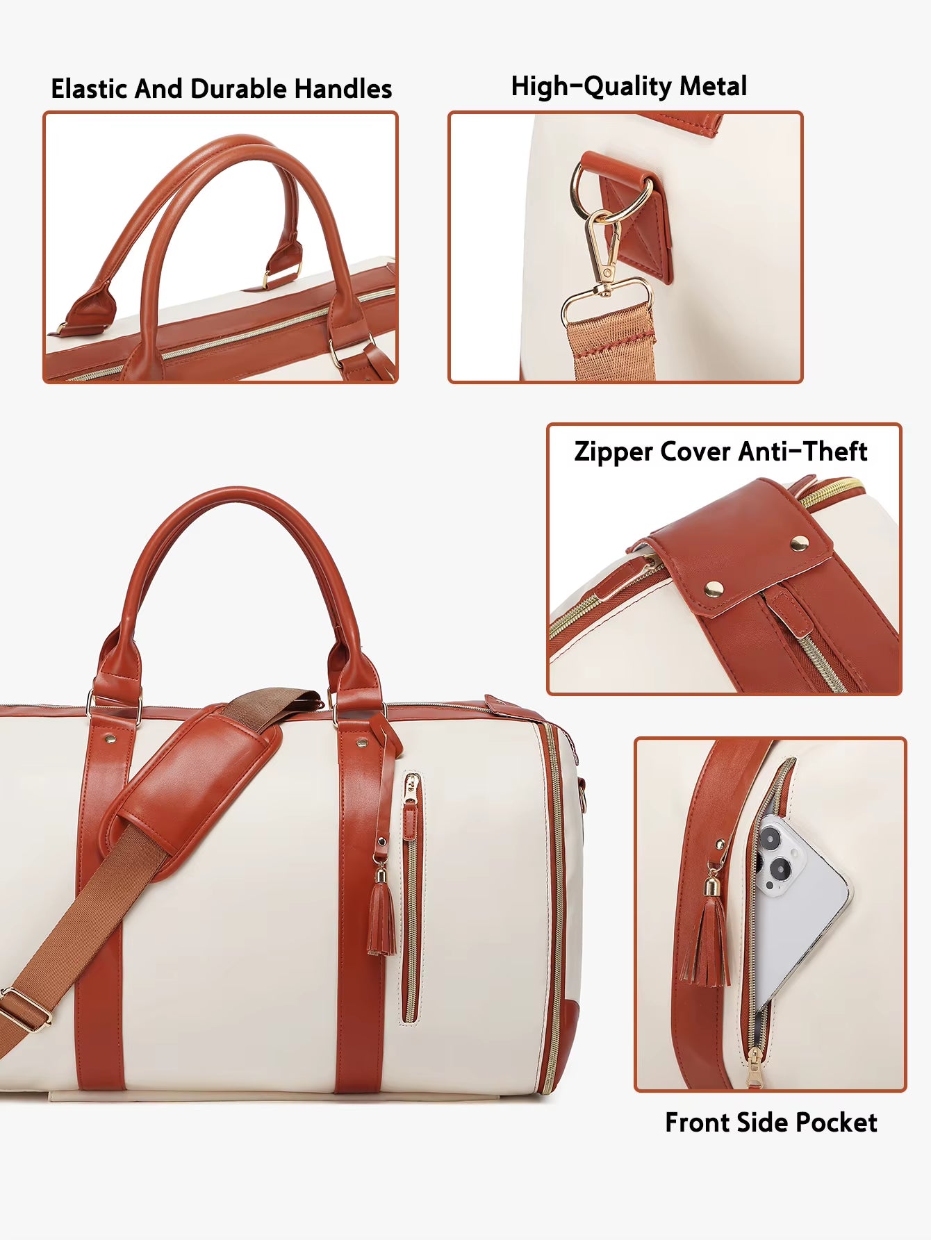 55L Large Capacity Waterproof PU Leather Travel Garment Bag with Shoe Pouch, 2-In-1 Carry-On Suit Duffle Bag