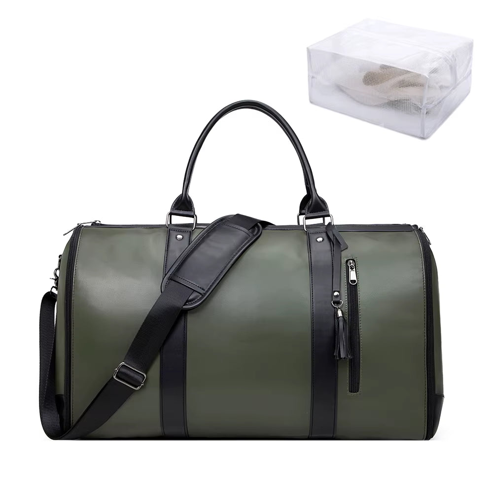 55L Large Capacity Waterproof PU Leather Travel Garment Bag with Shoe Pouch, 2-In-1 Carry-On Suit Duffle Bag