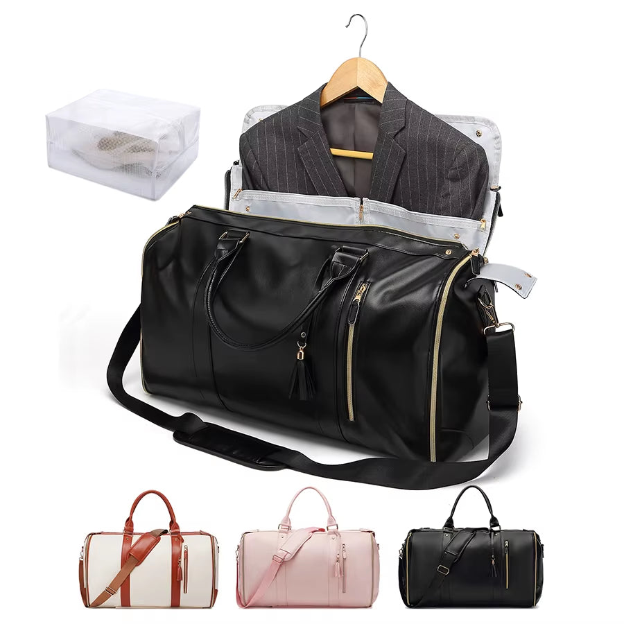 55L Large Capacity Waterproof PU Leather Travel Garment Bag with Shoe Pouch, 2-In-1 Carry-On Suit Duffle Bag
