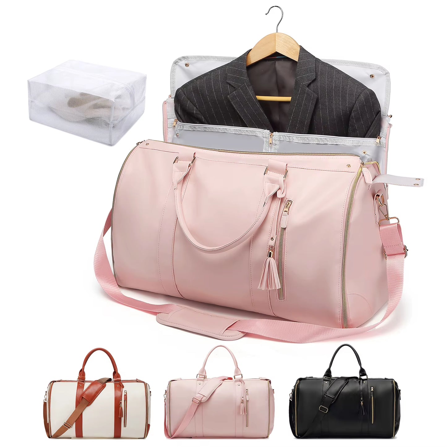 55L Large Capacity Waterproof PU Leather Travel Garment Bag with Shoe Pouch, 2-In-1 Carry-On Suit Duffle Bag