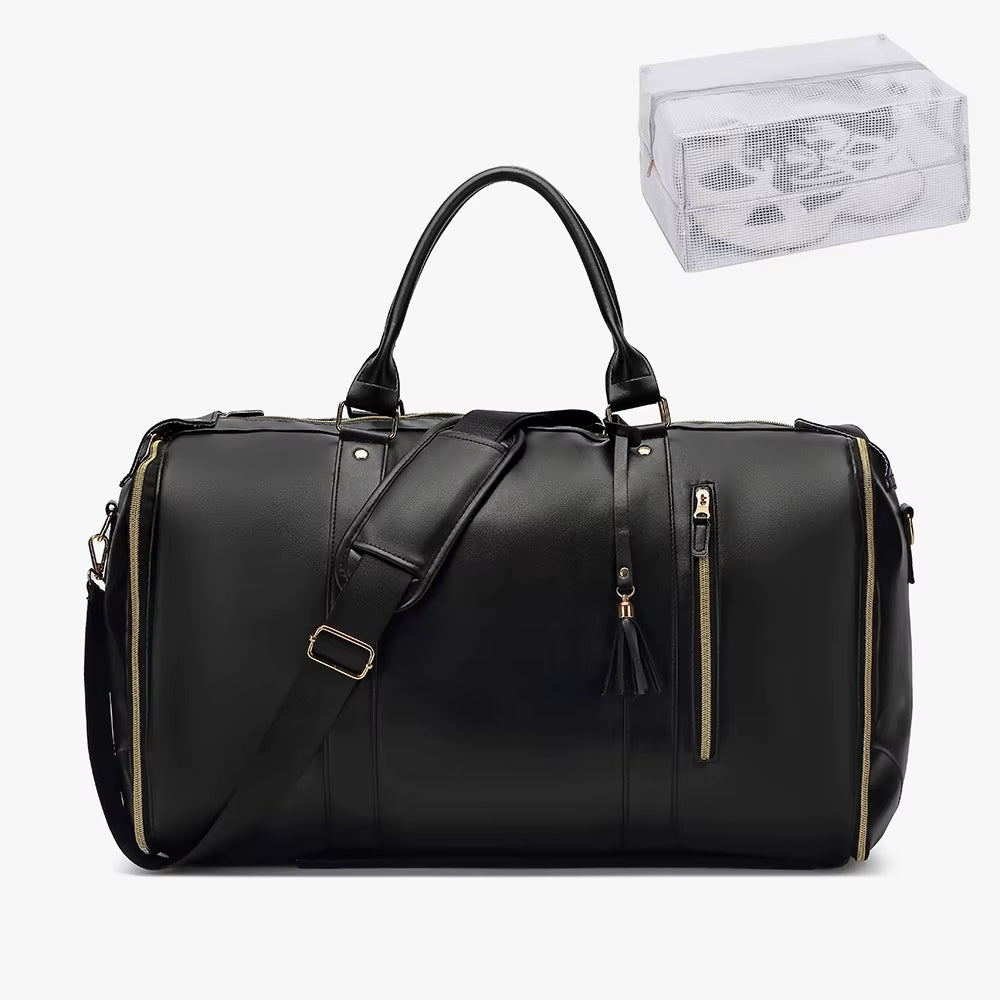 55L Large Capacity Waterproof PU Leather Travel Garment Bag with Shoe Pouch, 2-In-1 Carry-On Suit Duffle Bag