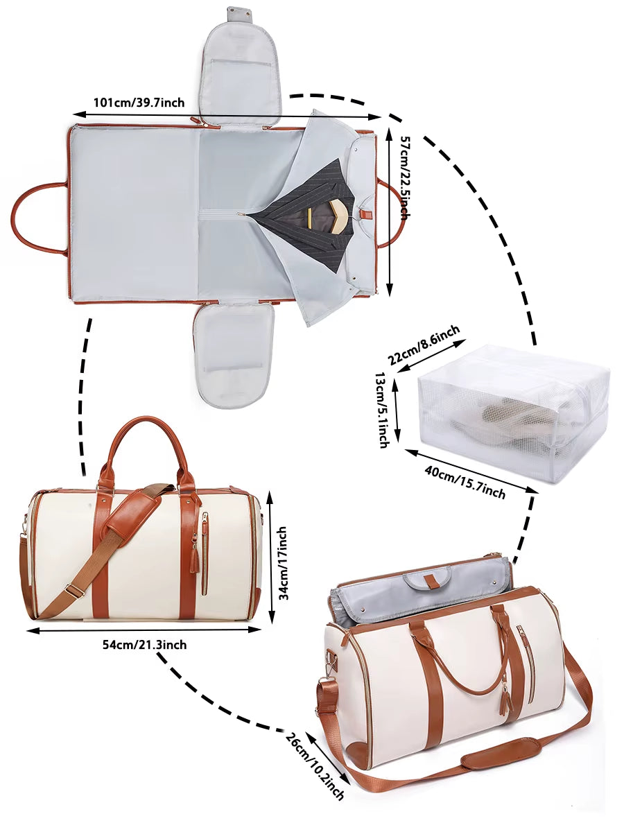 55L Large Capacity Waterproof PU Leather Travel Garment Bag with Shoe Pouch, 2-In-1 Carry-On Suit Duffle Bag