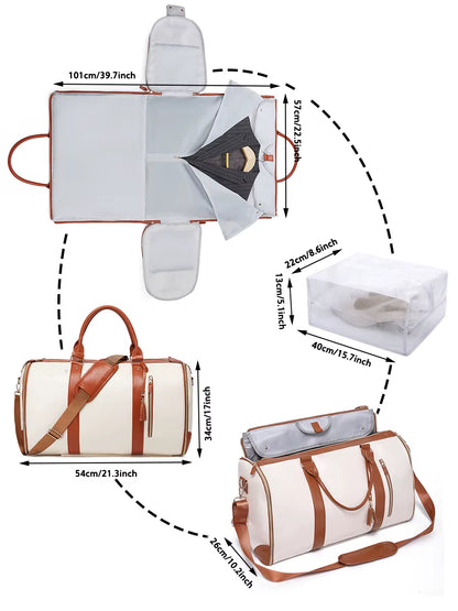 55L Large Capacity Waterproof PU Leather Travel Garment Bag with Shoe Pouch, 2-In-1 Carry-On Suit Duffle Bag